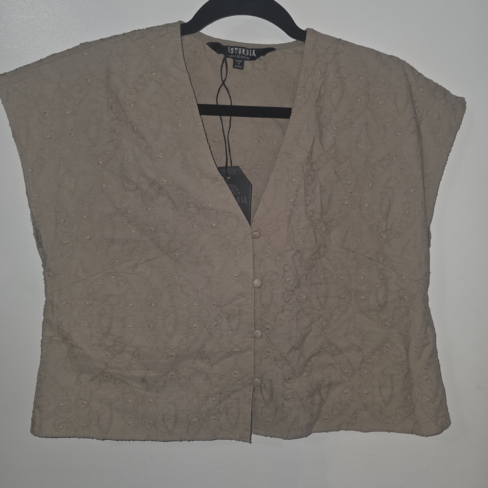 Disturbia Taupe Embroidered Button-Front V-Neck Blouse